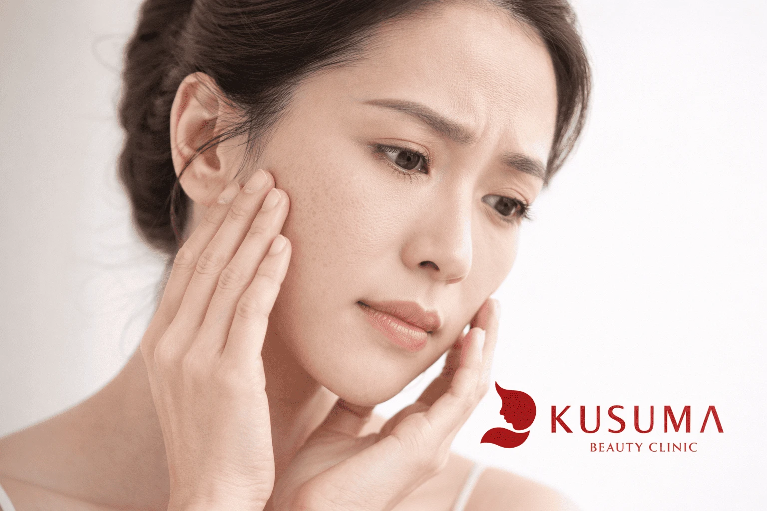 Wajah wanita Asia dengan tekstur kulit halus dan pori-pori tampak lebih rapat